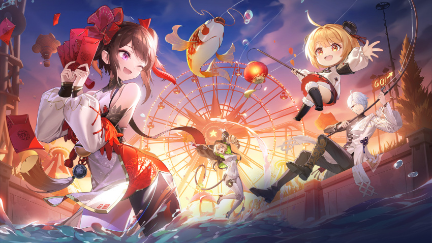 1boy 3girls ;d bare_shoulders black_jacket black_pants bodysuit bow breasts brown_hair brown_pantyhose china_dress chinese_clothes coat detached_sleeves dress ferris_wheel fish fishing_rod gold_trim hair_bow highres holding hongbao hood hooded_jacket jacket jumping lantern long_hair long_sleeves looking_at_another medium_breasts mi-a_(tower_of_fantasy) minigirl multiple_girls official_art one_eye_closed open_mouth outdoors pants pantyhose paper_lantern puffy_sleeves purple_eyes see-through shiro_(tower_of_fantasy) short_dress side_slit single_leg_pantyhose smile standing sunset tassel tower_of_fantasy twintails two-tone_dress wading wanderer_(tower_of_fantasy) water white_bodysuit white_coat white_dress