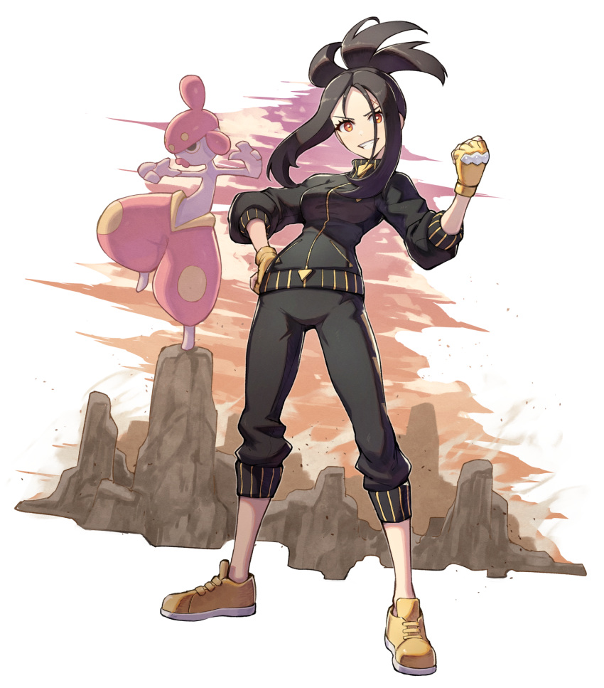 1girl bangs black_hair black_jacket black_pants breasts clenched_teeth commentary_request dendra_(pokemon) eyelashes fingerless_gloves full_body gloves grin hand_on_hip hand_up highres jacket kuroi_susumu looking_at_viewer medicham medium_breasts open_mouth orange_eyes pants pokemon pokemon_(creature) pokemon_(game) pokemon_sv revision shoes sidelocks sleeves_past_elbows smile standing teeth white_background yellow_footwear yellow_gloves