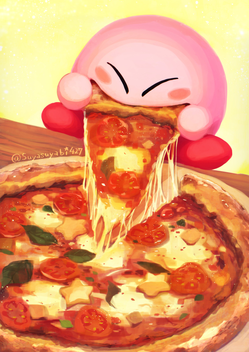 absurdres artist_name blush blush_stickers cheese_trail closed_eyes eating food food_in_mouth full_body highres holding holding_food holding_pizza kirby kirby_(series) leaf no_humans pizza red_footwear shoes sitting star_(symbol) suyasuyabi table tomato twitter_username yellow_background