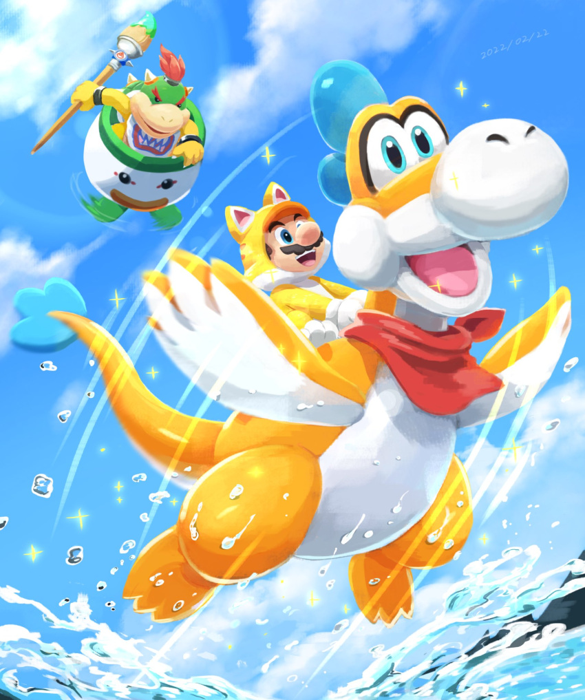 2boys :d animal_costume animal_ears animal_hood bandana blue_eyes blue_sky bowser_jr. bracelet brown_hair cat_costume cat_ears cat_hood cat_mario claws cloud dated day facial_hair highres holding holding_paintbrush hood hood_up jewelry jumping junior_clown_car looking_ahead mario mario_(series) multiple_boys mustache open_mouth outdoors paintbrush plessie shell short_hair sitting sky smile sparkle spiked_shell spikes splashing super_mario_3d_world teeth turtle_shell upper_teeth_only v-shaped_eyebrows water water_drop white_bandana ya_mari_6363