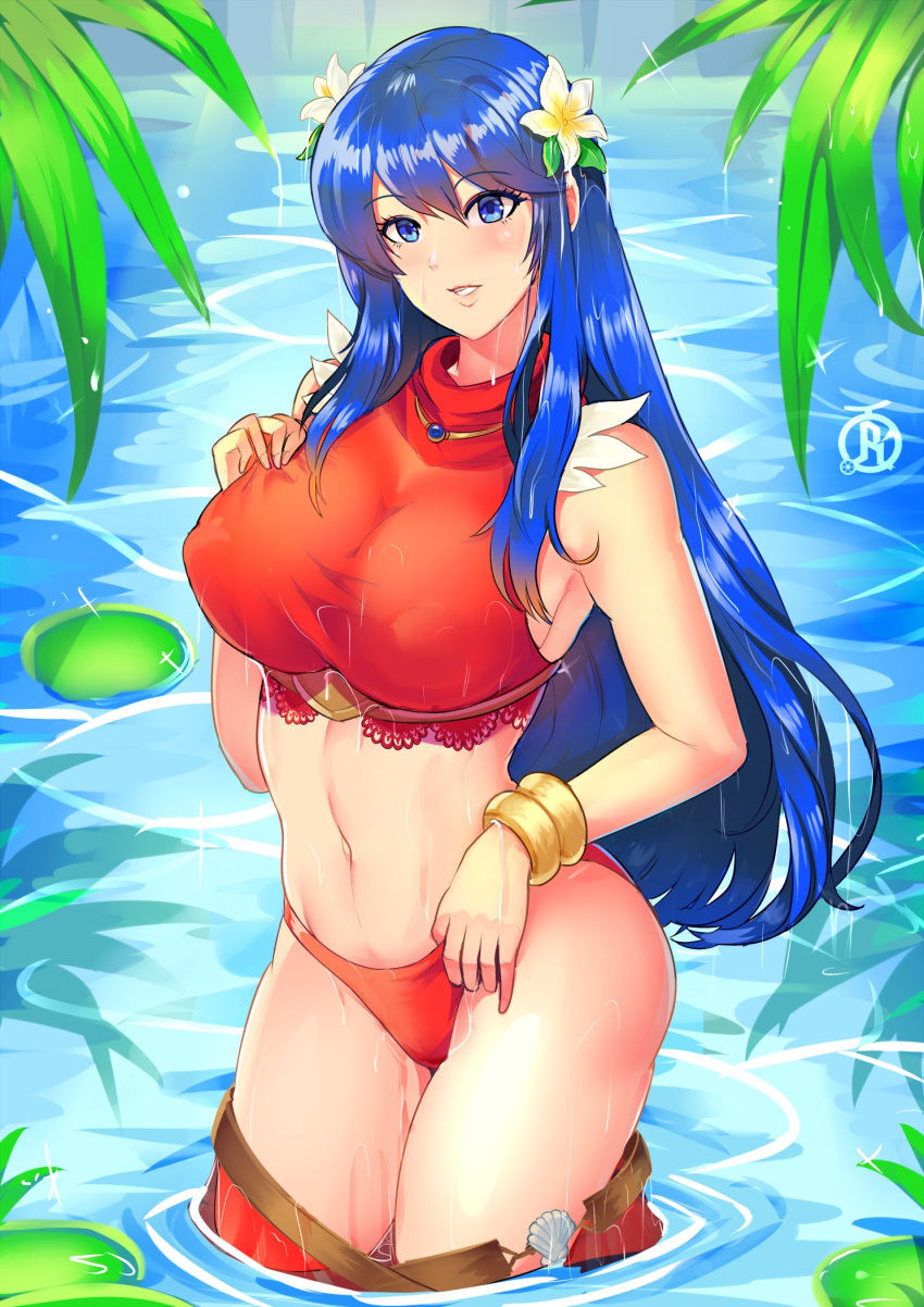 1girl bare_shoulders bikini blue_eyes blue_hair breasts caeda_(fire_emblem) caeda_(summer)_(fire_emblem) clothes_pull daffodil fire_emblem fire_emblem:_mystery_of_the_emblem fire_emblem_heroes flower highres jewelry large_breasts leaf navel necklace official_alternate_costume partially_submerged red_bikini revolverwing skirt skirt_pull solo swimsuit water wet