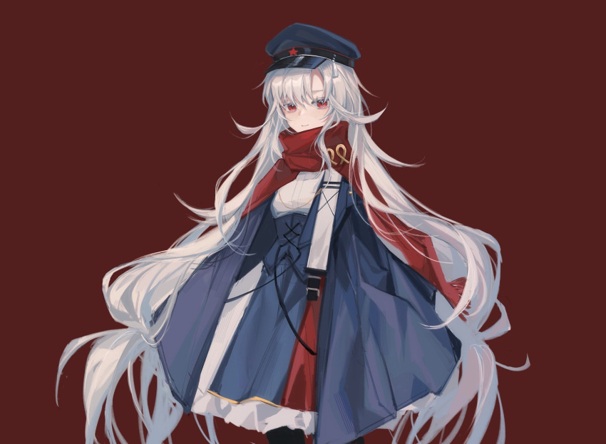 1girl blue_dress blue_headwear blue_jacket commentary dress english_commentary girls'_frontline hair_over_eyes hat highres jacket long_hair looking_at_viewer makarov_(girls'_frontline) mod3_(girls'_frontline) red_background red_eyes red_scarf scarf simple_background smile solo taiyang_ami very_long_hair white_hair