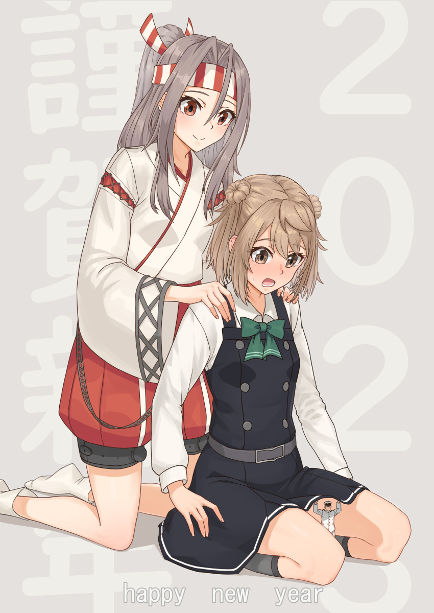 1boy 2022 2girls absurdres admiral_(kancolle) breasts brown_eyes brown_hair commentary_request double_bun dress hachimaki hair_bun hakama hakama_shorts happy_new_year hat headband high_ponytail highres japanese_clothes kantai_collection kneeling light_brown_hair michishio_(kancolle) michishio_kai_ni_(kancolle) military military_hat military_uniform miniboy multiple_girls no_shoes okubyouha55 pinafore_dress ponytail seiza shorts sitting small_breasts socks uniform wide_sleeves zuihou_(kancolle)