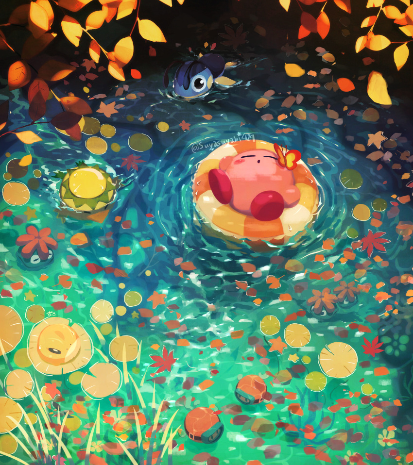 afloat autumn autumn_leaves blipper blush_stickers bug butterfly caustics closed_eyes commentary_request creature from_above glunk_(kirby) highres innertube kapar_(kirby) kappa kirby kirby_(series) leaf lily_pad no_humans outdoors revision ripples slippy_(kirby) suyasuyabi swimming walf water