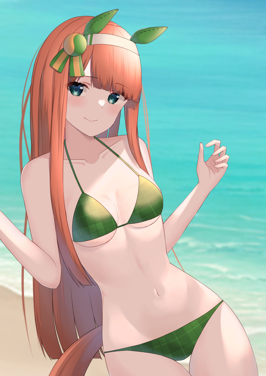 1girl animal_ears aqua_eyes astroglia_cyte bangs beach bikini blunt_bangs cowboy_shot ear_covers green_bikini green_eyes hairband highres hime_cut horse_ears horse_girl horse_tail lowleg lowleg_bikini ocean orange_hair plaid plaid_bikini silence_suzuka_(umamusume) solo swimsuit tail thigh_gap umamusume water white_hairband