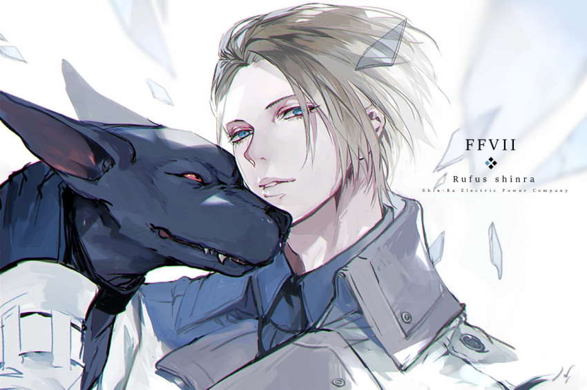 1boy 1other bangs black_gloves blonde_hair blue_eyes broken_glass character_name collared_shirt dark_nation dog fangs fangs_out final_fantasy final_fantasy_vii final_fantasy_vii_remake glass gloves grey_shirt jacket long_sleeves looking_at_viewer male_focus orange_eyes parted_bangs parted_lips rufus_shinra shirt short_hair unedliche upper_body white_jacket