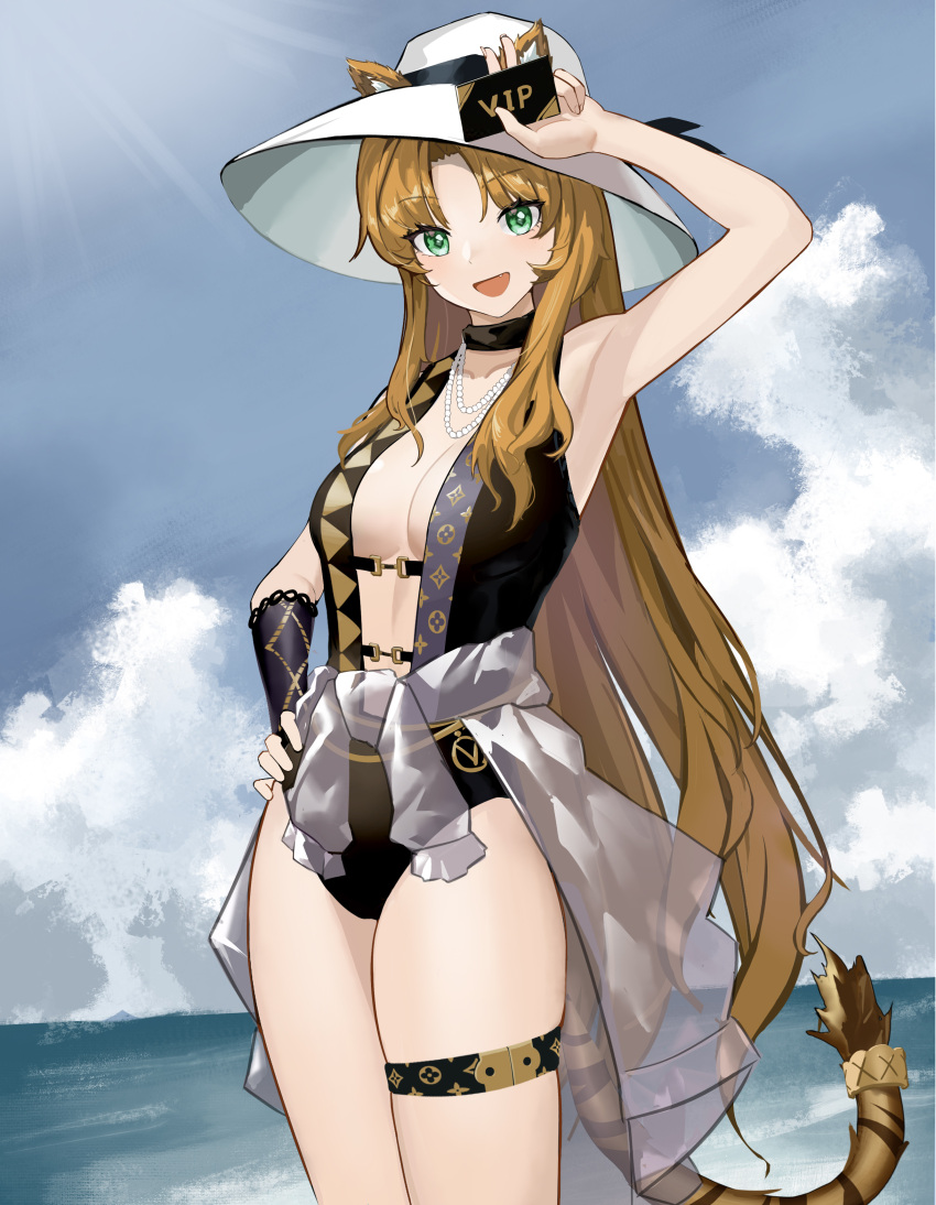 1girl :d absurdres animal_ears arknights arm_up bangs black_choker black_gloves black_one-piece_swimsuit blonde_hair blush breasts casual_one-piece_swimsuit center_opening choker cleavage clothes_around_waist cloud cowboy_shot day ears_through_headwear fang fingerless_gloves gloves green_eyes highres holding jewelry large_breasts long_hair looking_at_viewer necklace ocean official_alternate_costume one-piece_swimsuit open_mouth outdoors parted_bangs single_glove smile solo sunlight swimsuit swire_(arknights) tail thigh_strap tiger_ears tiger_girl tiger_tail very_long_hair zzq