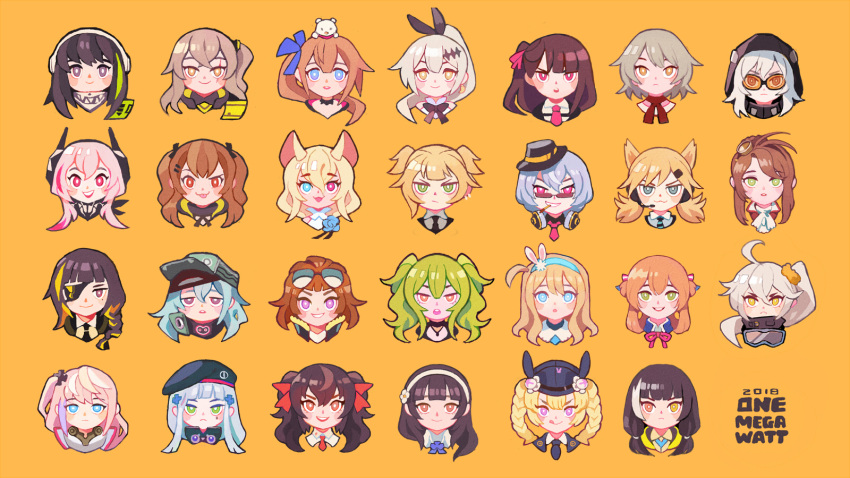 6+girls artist_name bangs blonde_hair blue_eyes blue_hair blush braid bright_pupils brown_eyes brown_hair character_request closed_mouth commentary cropped_shoulders english_commentary eyepatch frown g11_(girls'_frontline) girls'_frontline goggles goggles_around_neck green_eyes green_hair grey_hair grizzly_mkv_(girls'_frontline) hair_ornament hairband hat highres long_hair looking_at_viewer m16a1_(girls'_frontline) m4a1_(girls'_frontline) m950a_(girls'_frontline) medium_hair mole mole_under_eye multicolored_hair multiple_girls onemegawatt open_mouth orange_background orange_eyes pink_hair portrait purple_eyes red_eyes ro635_(girls'_frontline) short_hair simple_background smile springfield_(girls'_frontline) tongue tongue_out twin_braids twintails ump45_(girls'_frontline) welrod_mkii_(girls'_frontline) white_pupils yellow_eyes