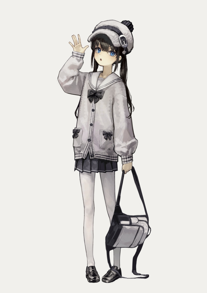 1girl :o absurdres arm_up backpack bag bangs black_bow black_footwear black_skirt blue_eyes bow brown_hair dot_nose full_body hair_ornament hand_up highres holding holding_bag long_hair long_sleeves looking_at_viewer miniskirt open_mouth original pantyhose pleated_skirt rabbit_hair_ornament sailor_collar school_uniform shoes simple_background skirt solo standing waving white_background white_headwear white_pantyhose white_sailor_collar yoon_cook