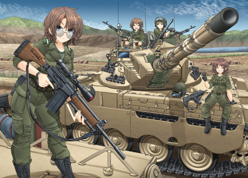 4girls =_= ^_^ absurdres ammunition_pouch assault_rifle bangs black_footwear black_gloves blonde_hair blue_eyes blue_sky blush boots breasts brown_hair canteen caterpillar_tracks closed_eyes cloud combat_boots contrapposto cross-laced_footwear day eyes_visible_through_hair fang gloves goggles goggles_on_headwear grass green_jacket green_pants green_shirt grin ground_vehicle gun headwear_removed highres holding holding_canteen holding_gun holding_weapon imi_galil imi_uzi israel israel_defense_forces jacket looking_at_viewer looking_to_the_side low_ponytail machine_gun medium_breasts medium_hair merkava mikeran_(mikelan) military military_uniform military_vehicle motor_vehicle mountain multiple_girls open_mouth original outdoors pants pouch red_eyes rifle round_teeth shirt short_hair sitting sky sleeves_rolled_up smile sniper_rifle soldier standing submachine_gun sweatdrop tank tank_helmet teeth trigger_discipline uniform v water weapon