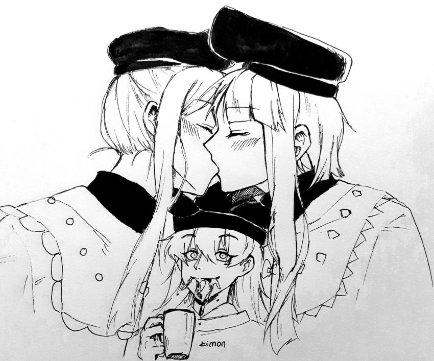 3girls artist_name bangs blush closed_eyes closed_mouth cup eyelashes hair_between_eyes hat highres holding holding_cup kimon_102 kiss matara_okina monochrome multiple_girls nishida_satono sidelocks spit_take spitting tate_eboshi teireida_mai touhou translation_request yuri