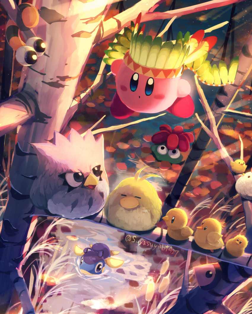 absurdres apolo_(kirby) autumn_leaves bird blue_eyes blush_stickers capiller_(kirby) cattail chick chicken closed_eyes coo_(kirby) dappled_sunlight flying glunk_(kirby) highres kirby kirby_(series) looking_at_another pitch_(kirby) plant sunlight suyasuyabi tookey tree twizzy walf water wing_kirby