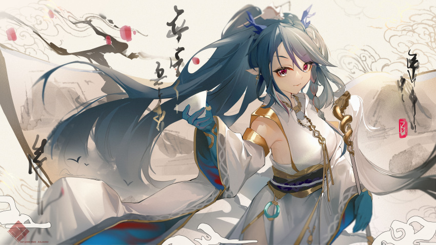 1girl abstract_background absurdres arknights blue_hair blue_skin bracelet closed_mouth colored_skin cowboy_shot cup detached_sleeves dress earrings grey_eyes highres holding holding_cup jewelry katachi_noboru_nishikino ling_(arknights) ling_(it_does_wash_the_strings)_(arknights) long_hair long_sleeves looking_at_viewer necklace official_alternate_costume pelvic_curtain pointy_ears smile solo very_long_hair white_dress wide_sleeves