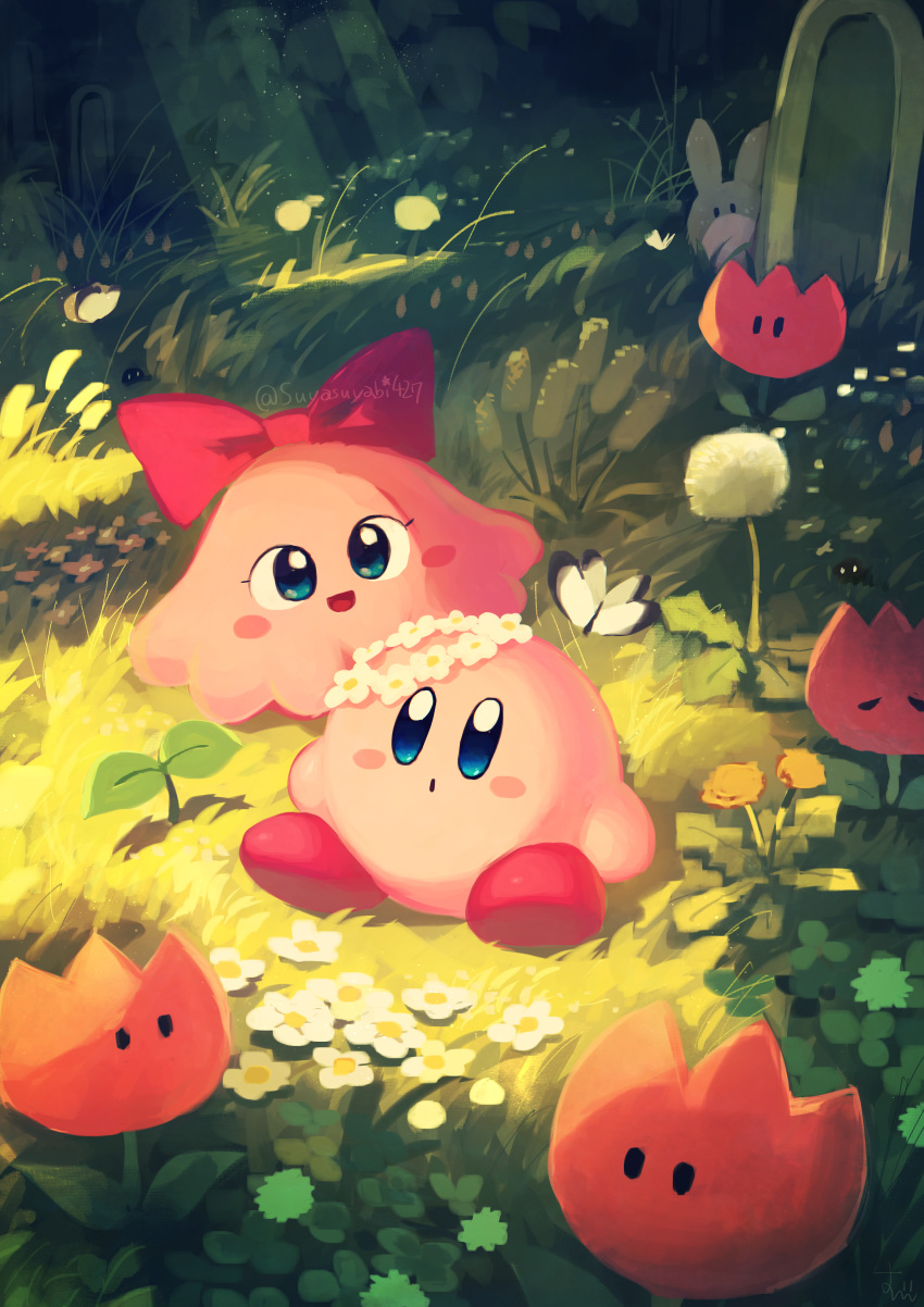 :d :o absurdres artist_name blue_eyes blush blush_stickers bow bug butterfly chuchu_(kirby) dandelion dappled_sunlight flower flower_wreath forest full_body grass head_wreath highres kirby kirby's_dream_land_3 kirby_(series) leaf nature no_humans open_mouth orange_flower outdoors polof rabbit red_bow red_footwear shoes sitting smile sprout sunlight suyasuyabi tombstone tree tulip_(kirby) twitter_username white_flower