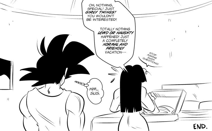 1boy 1girl bed chi-chi_(dragon_ball) commentary dragon_ball dragon_ball_z english_commentary english_text flying_sweatdrops funsexydb greyscale hair_down highres hime_cut husband_and_wife monochrome muscular muscular_male son_goku suitcase tank_top thought_bubble window