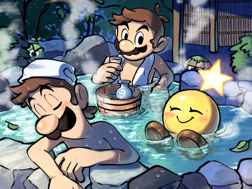 2boys ^_^ bamboo_fence black_eyes blush blush_stickers brothers brown_hair bucket bush character_request choko_(cup) closed_eyes closed_mouth commentary_request cup facial_hair fence highres holding holding_cup in_water leaf looking_at_another luigi male_focus mario mario_&amp;_luigi_rpg mario_(series) multiple_boys mustache night onsen outdoors partially_submerged rock short_hair siblings smile star_(symbol) starlow steam tokkuri topless_male towel towel_around_neck towel_on_head tree water wet wet_hair wooden_bucket ya_mari_6363