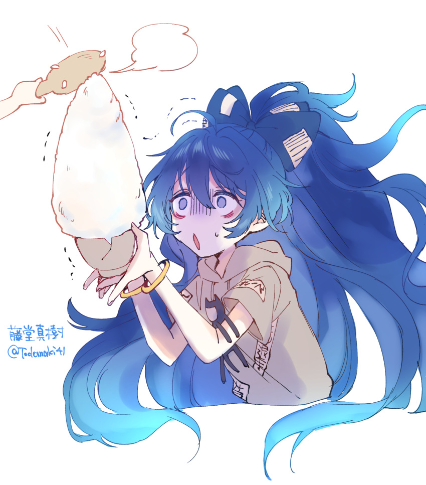 1girl artist_name blue_bow blue_eyes blue_hair bow bowl bracelet cracked_bowl damaged grey_hoodie hair_bow highres holding holding_bowl hood hoodie jewelry long_hair one-hour_drawing_challenge rice rice_bowl simple_background stuffed_animal stuffed_cat stuffed_toy sweatdrop todomaki41 touhou twitter_username white_background yorigami_shion