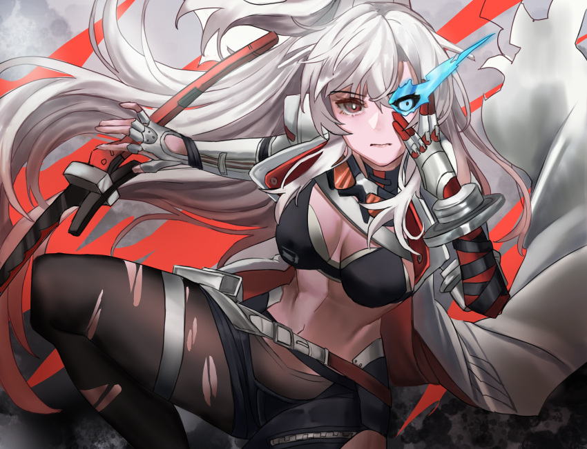 1girl absurdres black_bra black_pantyhose bra breasts flaming_eye grey_hair highres jacket katana long_hair lucia:_crimson_abyss_(punishing:_gray_raven) mechanical_arms medium_breasts mochigana navel pantyhose ponytail punishing:_gray_raven red_eyes sword underwear weapon white_jacket