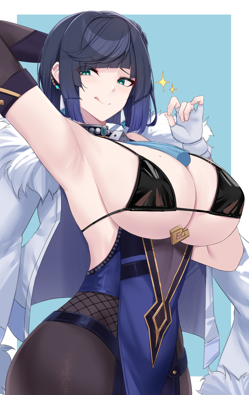 1girl absurdres aqua_eyes arm_up armpits asymmetrical_gloves bangs bare_shoulders bikini black_bikini black_gloves blue_background blue_hair blunt_bangs border breasts cleavage commentary english_commentary fingerless_gloves fur-trimmed_jacket fur_trim genshin_impact gloves highres huge_breasts jacket jacket_on_shoulders kanta_(kanta_077) looking_at_viewer mismatched_gloves mole mole_on_breast outside_border pantyhose short_hair sideboob simple_background sleeveless smile solo sparkle swimsuit underboob upper_body white_border white_gloves white_jacket yelan_(genshin_impact)