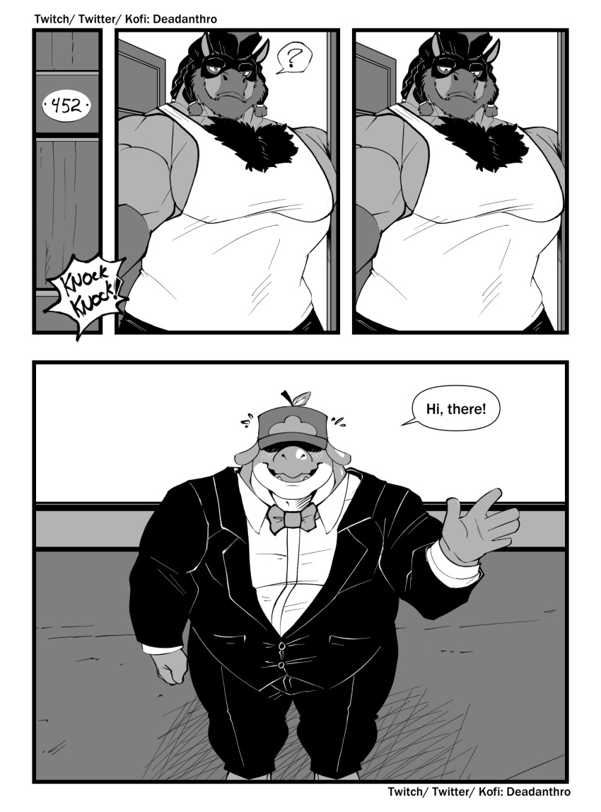 2023 3:4 anthro appletun beard belly big_arms big_belly black_tie_(suit) blush blush_lines body_hair bow_tie chest_hair clothed clothing comic deadanthro detailed_background dialogue dragon duo elemental_creature english_text equid facial_hair floppy_ears flora_fauna generation_7_pokemon generation_8_pokemon gesture hat headgear headwear hi_res inside larger_male looking_at_another looking_at_partner macoun_(deadanthro) male male/male mammal monochrome mudsdale multiple_images musclegut muscular muscular_male nervous nintendo obscured_eyes overweight overweight_male pecs plant pokemon pokemon_(species) question_mark scalie shirt size_difference smaller_male sound_effects speech_bubble suit tank_top text topwear tucker_(deadanthro) waving