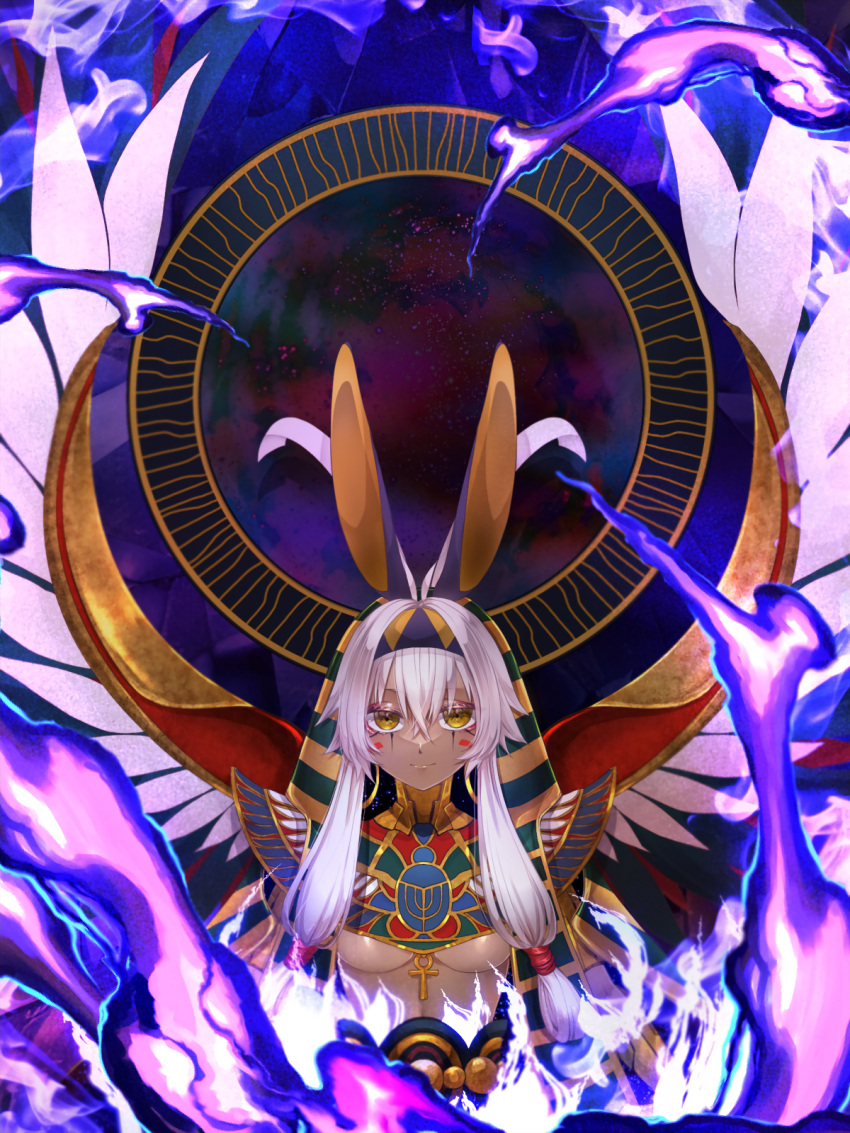 1girl animal_ears ankh antenna_hair armlet bangs belly_chain black_hair bracelet bracer breasts closed_mouth colored_inner_hair dark-skinned_female dark_skin earrings facepaint facial_mark fate/grand_order fate_(series) fire hairband highres hoop_earrings jackal_ears jewelry long_hair looking_at_viewer medium_breasts multicolored_hair nitocris_(fate) nitocris_alter_(fate) purple_fire sakura_komachi sidelocks straight-on streaked_hair usekh_collar white_fire white_hair wings yellow_eyes