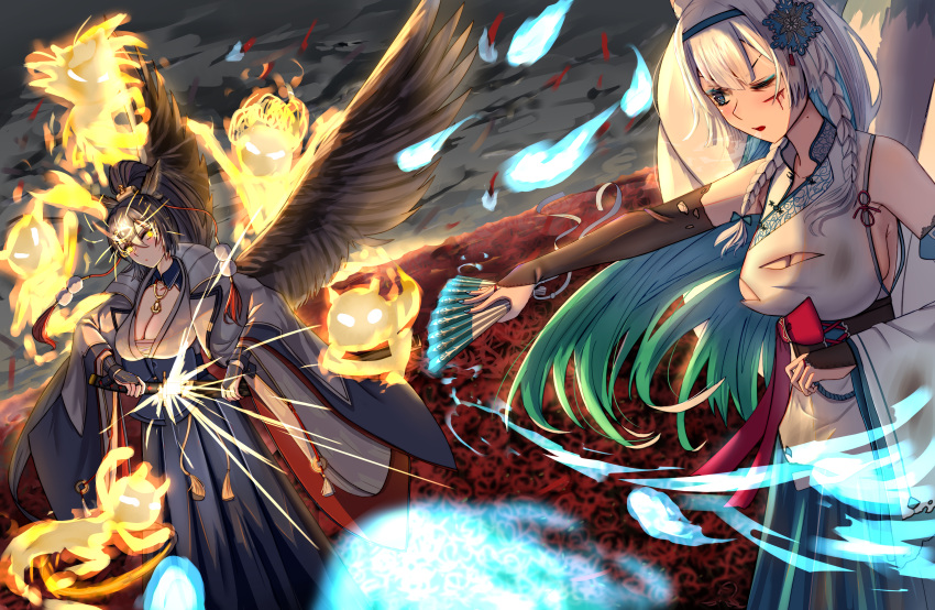 2girls 995080356 absurdres black_hair black_wings blue_eyes braided_sidelock breasts cleavage clover_theater colored_inner_hair commentary_request feathered_wings folding_fan glowing glowing_eyes green_hair hand_fan highres holding holding_fan holding_sword holding_weapon japanese_clothes large_breasts long_hair multicolored_hair multiple_girls one_eye_closed ponytail sword tengu weapon white_hair wings yellow_eyes