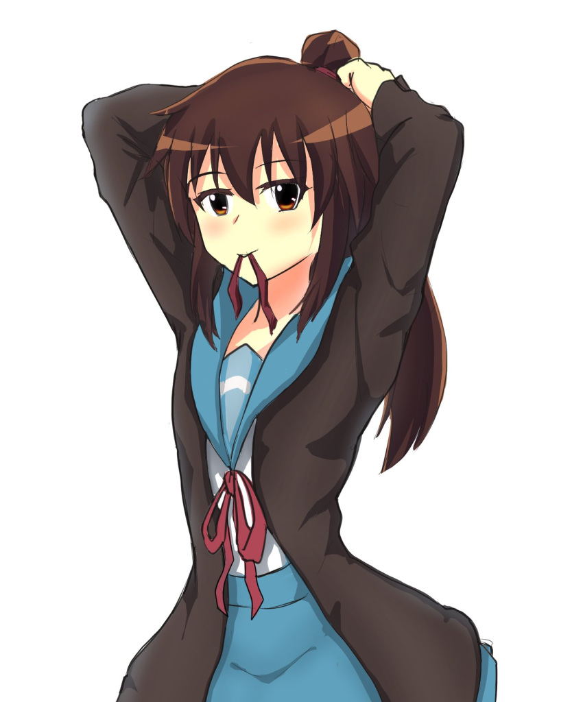 1girl arms_up bangs blue_sailor_collar blue_skirt blush brown_cardigan brown_hair cardigan closed_mouth commentary commission cowboy_shot english_commentary genderswap genderswap_(mtf) hair_between_eyes hair_tie hair_tie_in_mouth highres kita_high_school_uniform kyonko long_hair long_sleeves looking_at_viewer mouth_hold open_cardigan open_clothes pennperun pleated_skirt ponytail red_ribbon ribbon sailor_collar school_uniform serafuku skirt solo standing suzumiya_haruhi_no_yuuutsu tying_hair winter_uniform