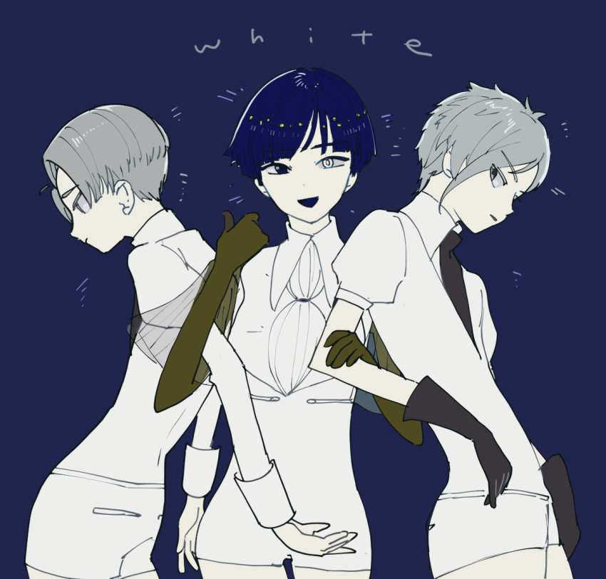 3others androgynous antarcticite arm_grab arm_wrap ascot bangs black_gloves blue_eyes blue_hair blunt_bangs bowl_cut cairngorm_(houseki_no_kuni) collared_shirt colored_eyelashes gem_uniform_(houseki_no_kuni) gloves gold golden_arms grabbing grey_hair heterochromia houseki_no_kuni locked_arms looking_at_viewer marusi_y moon_uniform_(houseki_no_kuni) multiple_others necktie parted_bangs parted_hair phosphophyllite phosphophyllite_(ll) puffy_short_sleeves puffy_sleeves shirt short_hair short_jumpsuit short_shorts short_sleeves shorts smile white_ascot white_eyes white_shirt