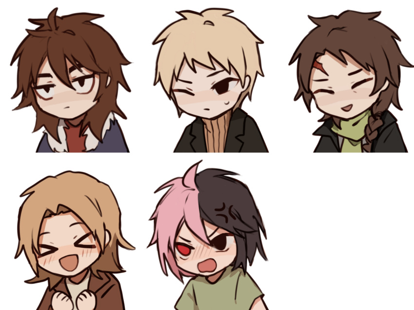 &gt;_&lt; 5boys ahoge anger_vein atou_haruki bangs black_eyes black_hair black_jacket blonde_hair blue_jacket blush braid brown_hair brown_jacket brown_sweater chinese_commentary closed_eyes closed_mouth commentary_request fur-trimmed_jacket fur_trim green_scarf green_shirt grey_shirt hands_up harada_minoru heterochromia highres isoi_reiji jacket light_brown_hair male_focus medium_hair multicolored_hair multiple_boys nanami_izu one_eye_closed open_clothes open_jacket open_mouth parted_bangs pink_hair red_eyes red_shirt ribbed_sweater saibou_shinkyoku sanpaku scar scar_on_face scar_on_forehead scarf shinano_eiji shirt short_hair side_braid simple_background smile split-color_hair sweat sweater turtleneck turtleneck_sweater two-tone_hair white_background yikousuuu