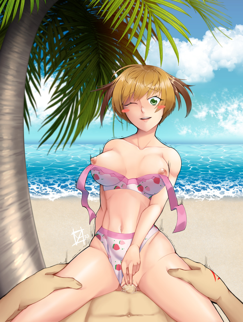 1boy 1girl abs absurdres bare_shoulders beach bikini blonde_hair blue_sky blush blush_stickers breasts clitoral_stimulation clothing_aside cloud cowgirl_position day fate/grand_order fate_(series) food_print fujimaru_ritsuka_(male) gareth_(fate) gareth_(swimsuit_saber)_(fate) gareth_(swimsuit_saber)_(second_ascension)_(fate) girl_on_top green_eyes hands_on_another's_thighs hetero highres large_breasts motion_lines navel nipples non-web_source ocean one_eye_closed outdoors palm_tree penis sand sex signature sky smile solo_focus straddling strawberry_print swimsuit swimsuit_aside tree trembling vaginal wardrobe_malfunction water yashi_(soxidized)