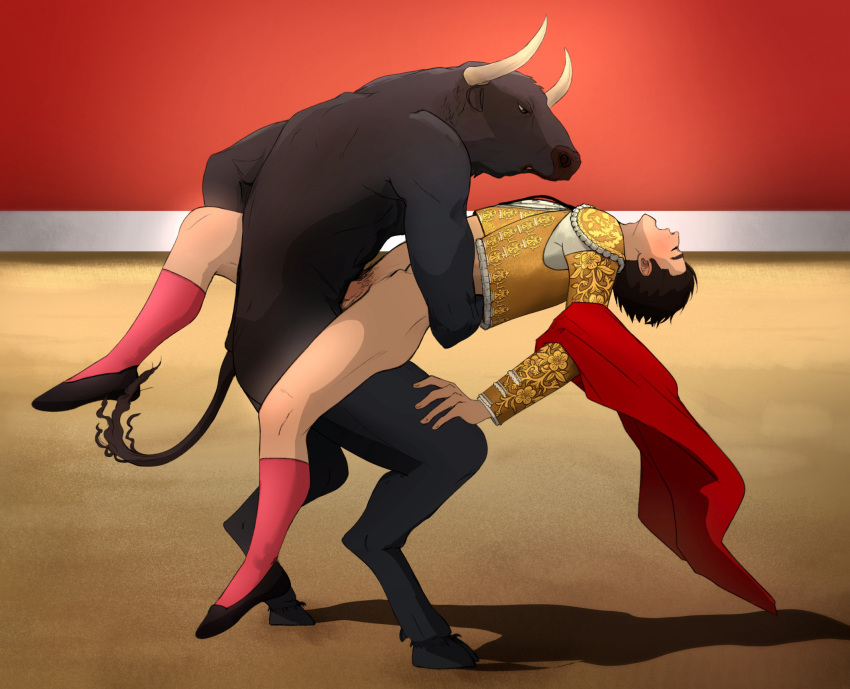 anal anal_penetration anthro arched_back arena big_dom_small_sub blush bovid bovine bullfighter bullfighting butt carrying carrying_another carrying_partner cattle digital_media_(artwork) dominant dominant_male dramatic_lighting dramatic_pose drijuce duo genitals hi_res hooves horn human human_on_anthro humanoid_genitalia humanoid_penis interspecies larger_anthro looking_pleasured male male/male mammal moan penetration penis sand sex size_difference smaller_human smaller_penetrated spain standing standing_sex stretching tail