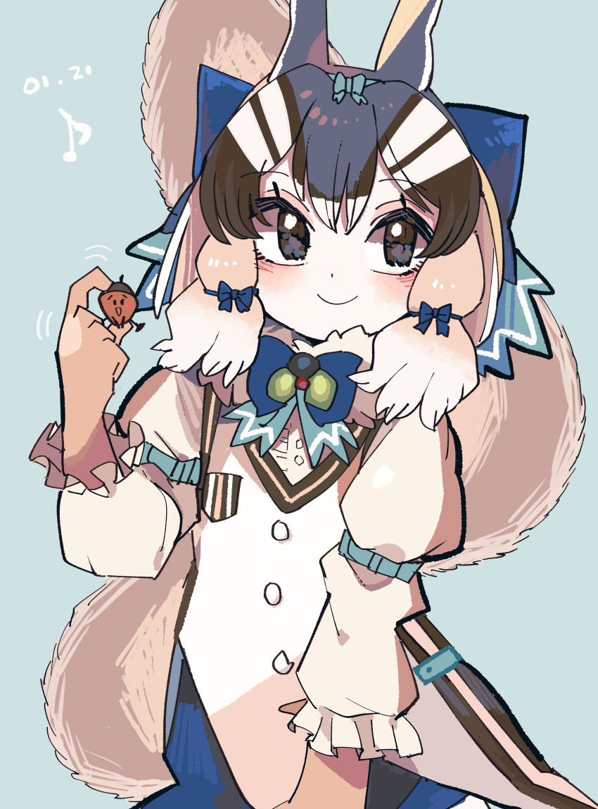 1girl absurdres acorn animal_ears black_eyes brown_hair chipmunk_ears chipmunk_girl chipmunk_tail extra_ears gloves highres kanmoku-san kemono_friends kemono_friends_v_project looking_at_viewer microphone ribbon scarf shirt short_hair shorts siberian_chipmunk_(kemono_friends) simple_background tail vest virtual_youtuber