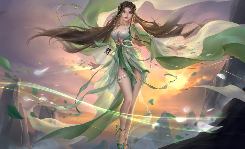 1girl absurdres baiguio_(zhu_xian) bare_shoulders bracelet breasts brown_hair clothing_cutout cloud dress facial_mark falling_leaves floating forehead_mark green_dress green_footwear highres jewelry leaf long_hair long_sleeves medium_breasts mountain sash second-party_source shoulder_cutout si_you_xunfeng_fuyi smile solo thigh_strap wind zhu_xian
