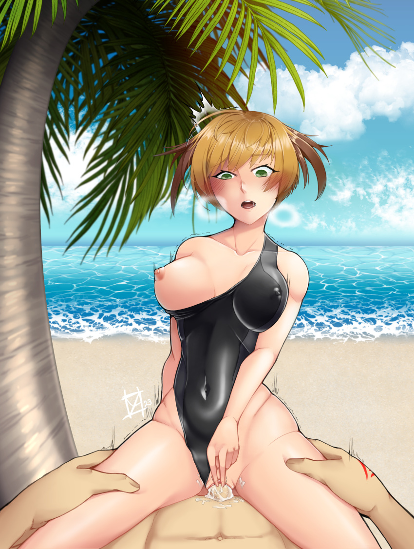 1boy 1girl abs absurdres beach blush breasts clitoral_stimulation clitoris clothing_aside collarbone command_spell commission commissioner_upload competition_swimsuit covered_navel covered_nipples cum cum_in_pussy cum_on_legs day fate/grand_order fate_(series) fujimaru_ritsuka_(male) gareth_(fate) green_eyes hands_on_another's_thighs hetero highres large_breasts multicolored_clothes multicolored_swimsuit nipples non-web_source ocean off_shoulder one-piece_swimsuit one_breast_out outdoors palm_tree penis pov pussy sex signature smile solo_focus straddling swimsuit tree trembling vaginal yashi_(soxidized)