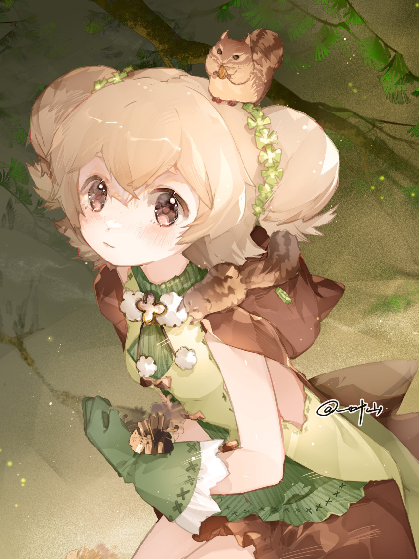 1girl absurdres aino_mito blush branch brown_eyes closed_mouth fur-trimmed_hood fur_trim gloves green_gloves hair_ornament highres hood hood_down light_brown_hair magia_record:_mahou_shoujo_madoka_magica_gaiden magical_girl mahou_shoujo_madoka_magica muchuanhelao short_hair sitting sleeveless solo squirrel two_side_up