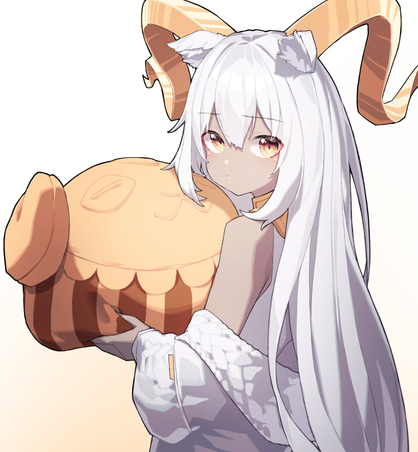 1girl absurdres animal_ears arknights bangs bare_shoulders beeswax_(arknights) beeswax_(weisser_sand)_(arknights) beudelb brown_eyes closed_mouth dark-skinned_female dark_skin from_behind goat_ears goat_girl goat_horns highres holding holding_pillow horns jacket long_hair long_sleeves looking_at_viewer looking_back off_shoulder official_alternate_costume open_clothes open_jacket pillow simple_background solo upper_body very_long_hair white_hair white_jacket yellow_background