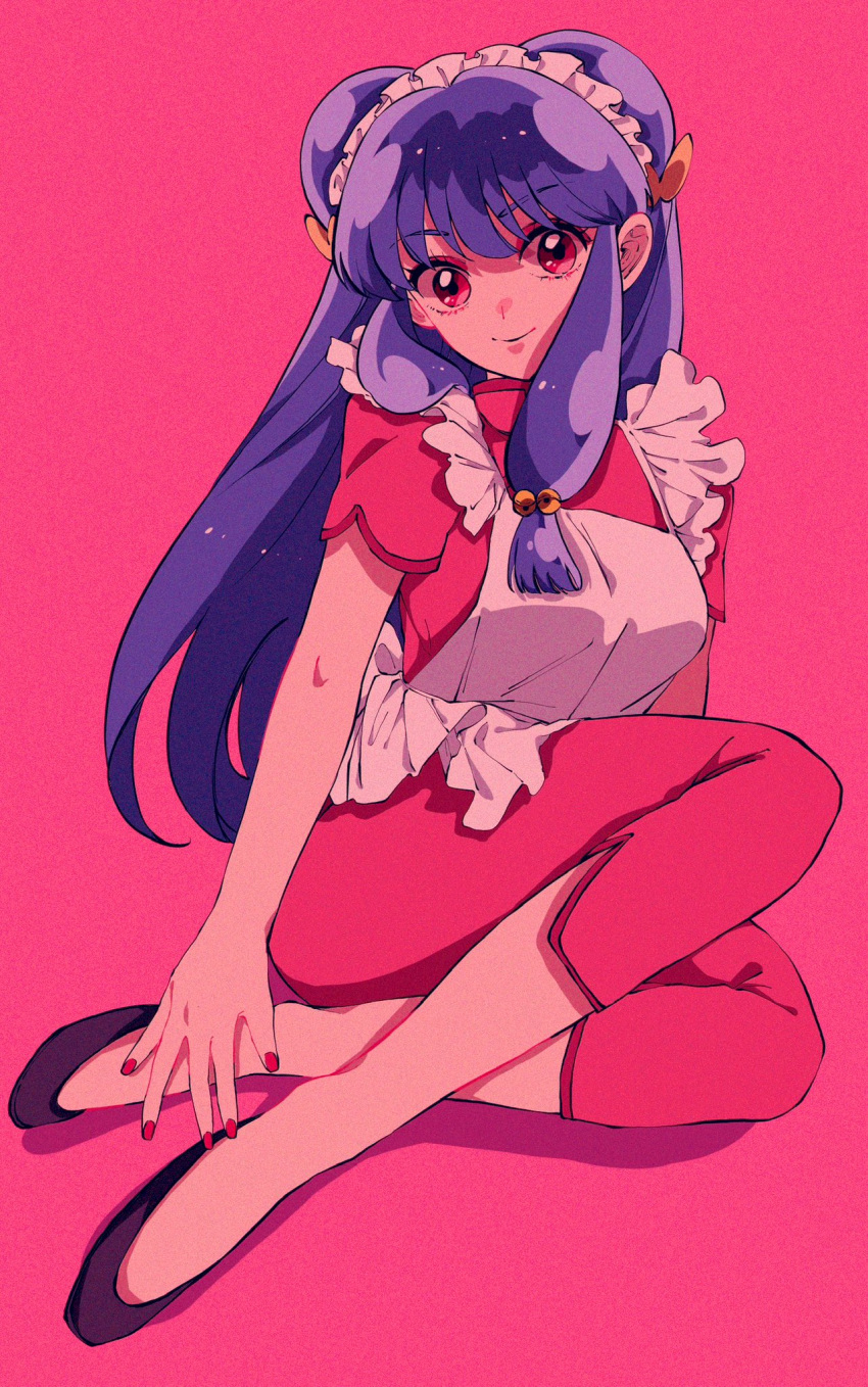 1girl apron bell bow chinese_clothes commentary double_bun hair_bell hair_bow hair_bun hair_ornament headdress highres long_hair looking_at_viewer nail_polish on_floor pink_background purple_hair ranma_1/2 red_eyes rumic_0620 shampoo_(ranma_1/2) short_sleeves sidelocks simple_background sitting slippers smile solo symbol-only_commentary yokozuwari