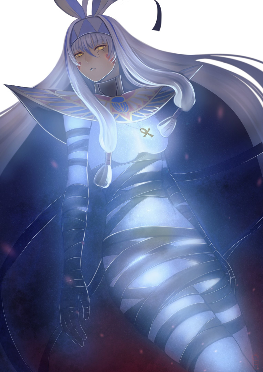 1girl animal_ears ankh ankh_necklace bandages black_hair colored_inner_hair commentary dark-skinned_female dark_skin facepaint fate/grand_order fate_(series) glowing_skin hairband highres jackal_ears jewelry long_hair looking_away multicolored_hair necklace nitocris_(fate) nitocris_alter_(fate) shirt simple_background solo two-tone_hair usekh_collar ushijiya very_long_hair white_background white_shirt yellow_eyes