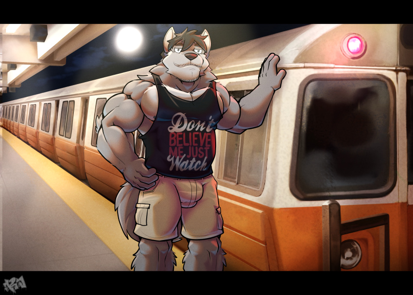 absurd_res anthro big_muscles bottomwear bulge canid canine canis cargo_shorts clothing full_moon hi_res jake_(jakewolf00) male mammal mbta moon muscular rapid_transit red_light resondog shirt shorts solo standing tank_top topwear train_station wolf