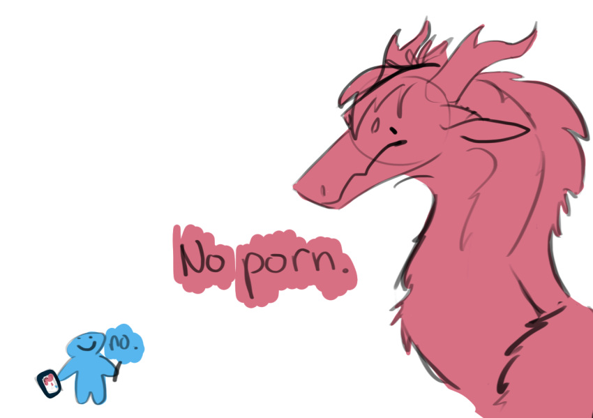 ambiguous_gender anthro black_eyes dragon drawing_tablet duo feral frown fur furred_dragon horn human humanoid male mammal pink_body pink_fur screen shadeii simple_eyes sketch smile text