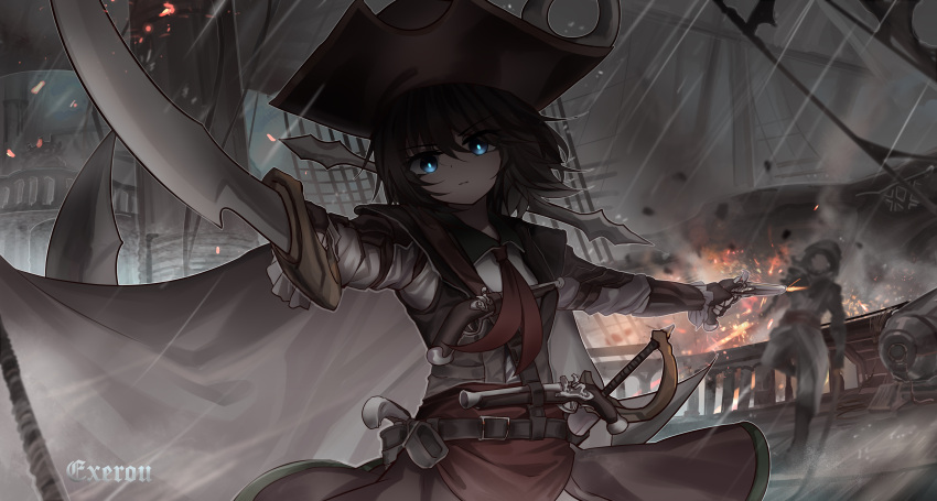 1girl 1other absurdres anchor antique_firearm belt belt_buckle black_headwear blue_eyes bright_pupils buckle cannon closed_mouth coat dark explosion fence firelock firing flintlock gun hat highres holding holding_gun holding_sword holding_weapon holstered_weapon limited_palette looking_at_viewer multiple_weapons murasa_minamitsu neckerchief pirate_hat pointing_sword rain red_neckerchief rope sailor sailor_collar sailor_hat sailor_shirt sheath sheathed ship shirt short_hair signature solo_focus standing standing_on_one_leg storm strap sword top-exerou touhou watercraft watermark weapon white_pupils white_shirt wooden_fence