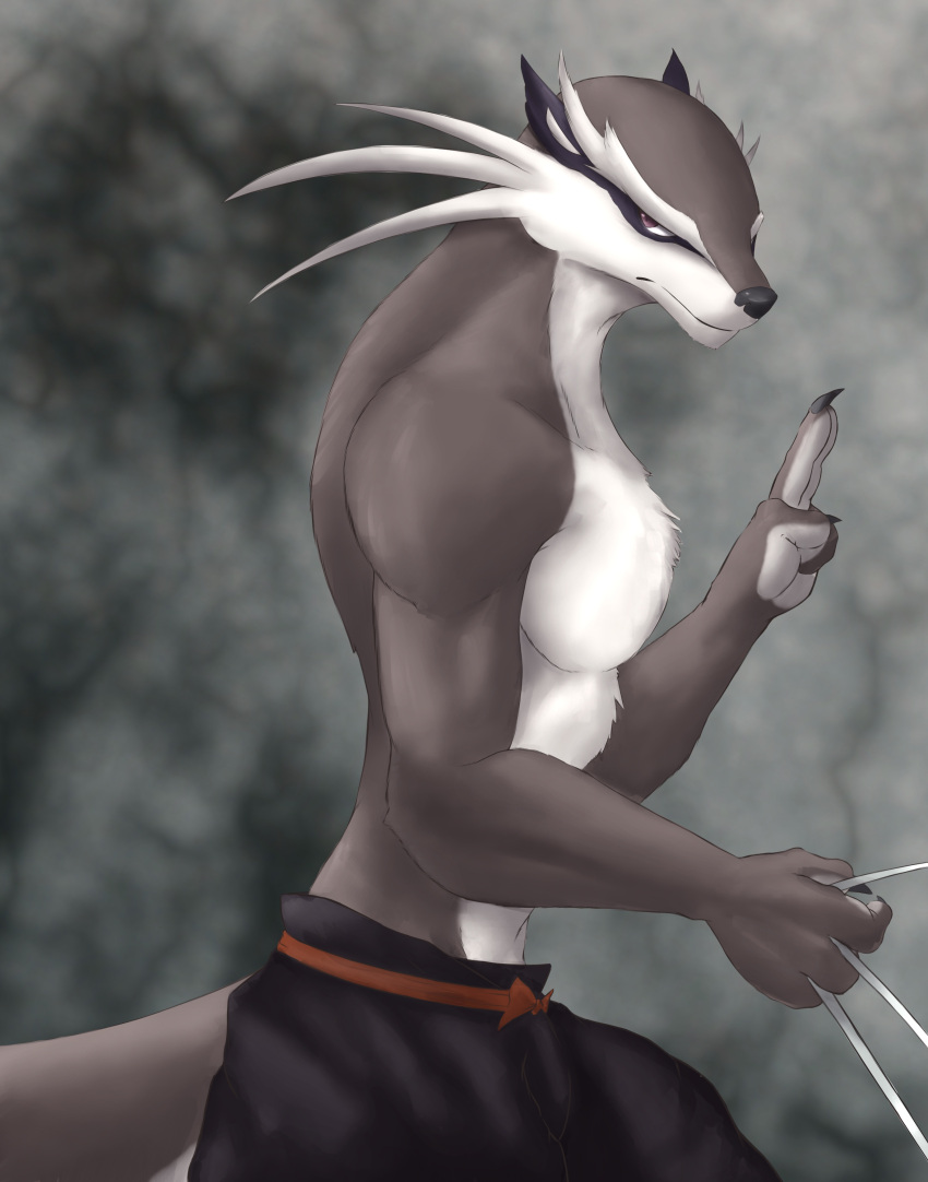 2022 absurd_res anthro ashigumo biceps biped black_nose bottomwear brown_body brown_eyes brown_fur chibikoma clothed clothing digital_drawing_(artwork) digital_media_(artwork) fur hi_res male mammal multicolored_body multicolored_fur muscular muscular_anthro muscular_male mustelid ninja otter pants sakuna:_of_rice_and_ruin topless topless_anthro topless_male tribal two_tone_body two_tone_fur warrior whiskers white_body white_fur