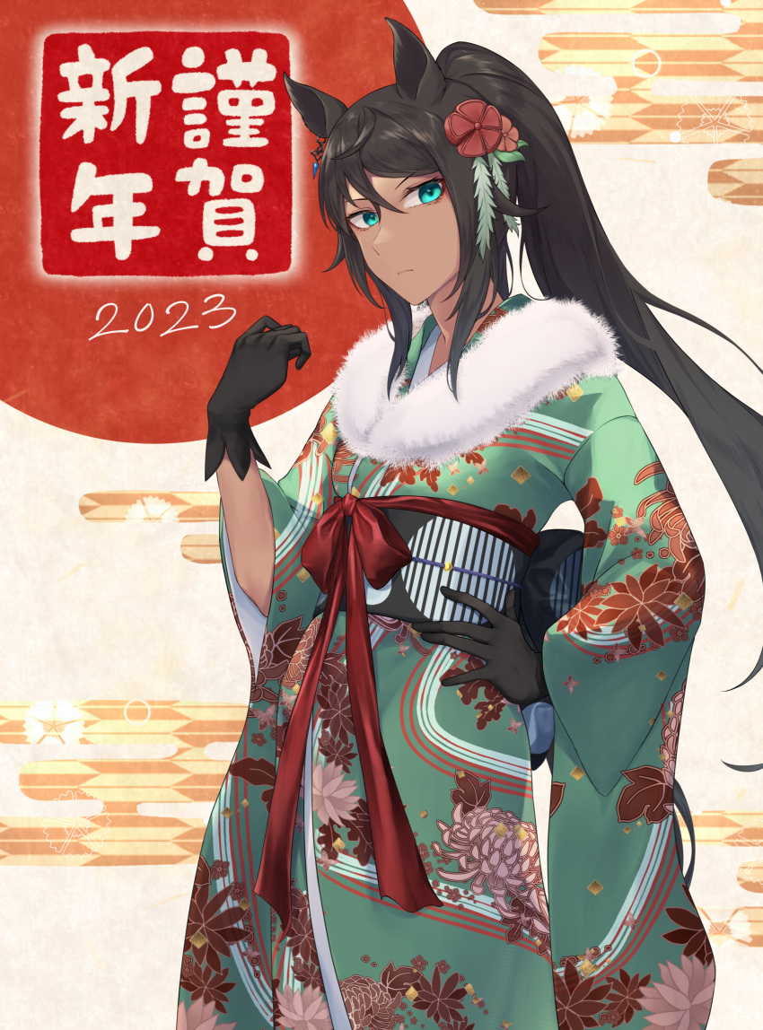 1girl 2023 absurdres animal_ears bangs black_gloves black_hair blue_eyes closed_mouth commentary dark-skinned_female dark_skin ear_piercing egasumi floral_print flower frown fur_scarf furisode gloves green_kimono hair_flower hair_ornament hand_on_hip happy_new_year highres horse_ears horse_girl japanese_clothes kimono long_hair long_sleeves looking_at_viewer nengajou new_year obi piercing ponytail print_kimono sash solo standing sugamo_(rainysnowy108) symboli_kris_s_(umamusume) translated umamusume wide_sleeves yagasuri