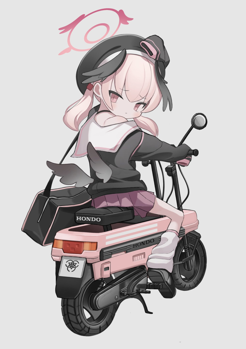 1girl atat250 bag beret black_shirt blue_archive brand_name_imitation closed_mouth full_body grey_background ground_vehicle halo hat highres honda honda_motocompo koharu_(blue_archive) long_hair long_sleeves looking_at_viewer looking_back motor_vehicle motorcycle pink_eyes pink_hair pink_skirt riding sailor_collar school_uniform shirt shoulder_bag simple_background sitting skirt solo vehicle_focus white_leg_warmers wings