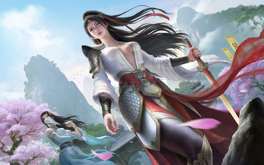 arm_guards banner black_hair blue_dress cherry_blossoms chinese_clothes dress earrings evillllllllllllllllllllll from_below gate hair_ornament highres holding holding_sword holding_weapon jewelry long_hair mountain open_clothes original pants ponytail realistic rock sweatdrop sword veil weapon