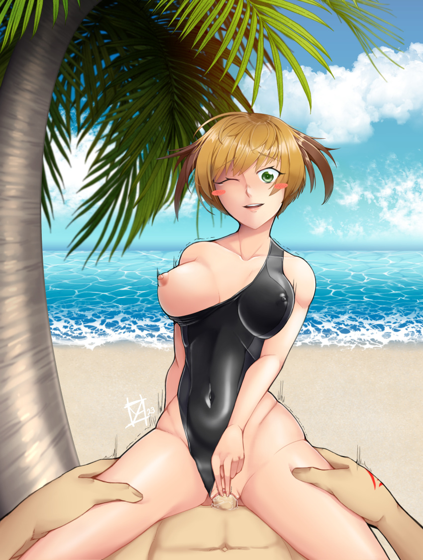 1boy 1girl abs absurdres beach blonde_hair blush blush_stickers breasts clitoral_stimulation clitoris clothing_aside collarbone command_spell commission commissioner_upload competition_swimsuit covered_navel covered_nipples day fate/grand_order fate_(series) fujimaru_ritsuka_(male) gareth_(fate) green_eyes hands_on_another's_thighs hetero highres large_breasts multicolored_clothes multicolored_swimsuit nipples non-web_source ocean off_shoulder one-piece_swimsuit one_breast_out one_eye_closed outdoors palm_tree penis pov pussy sex signature smile solo_focus straddling swimsuit tree trembling vaginal yashi_(soxidized)