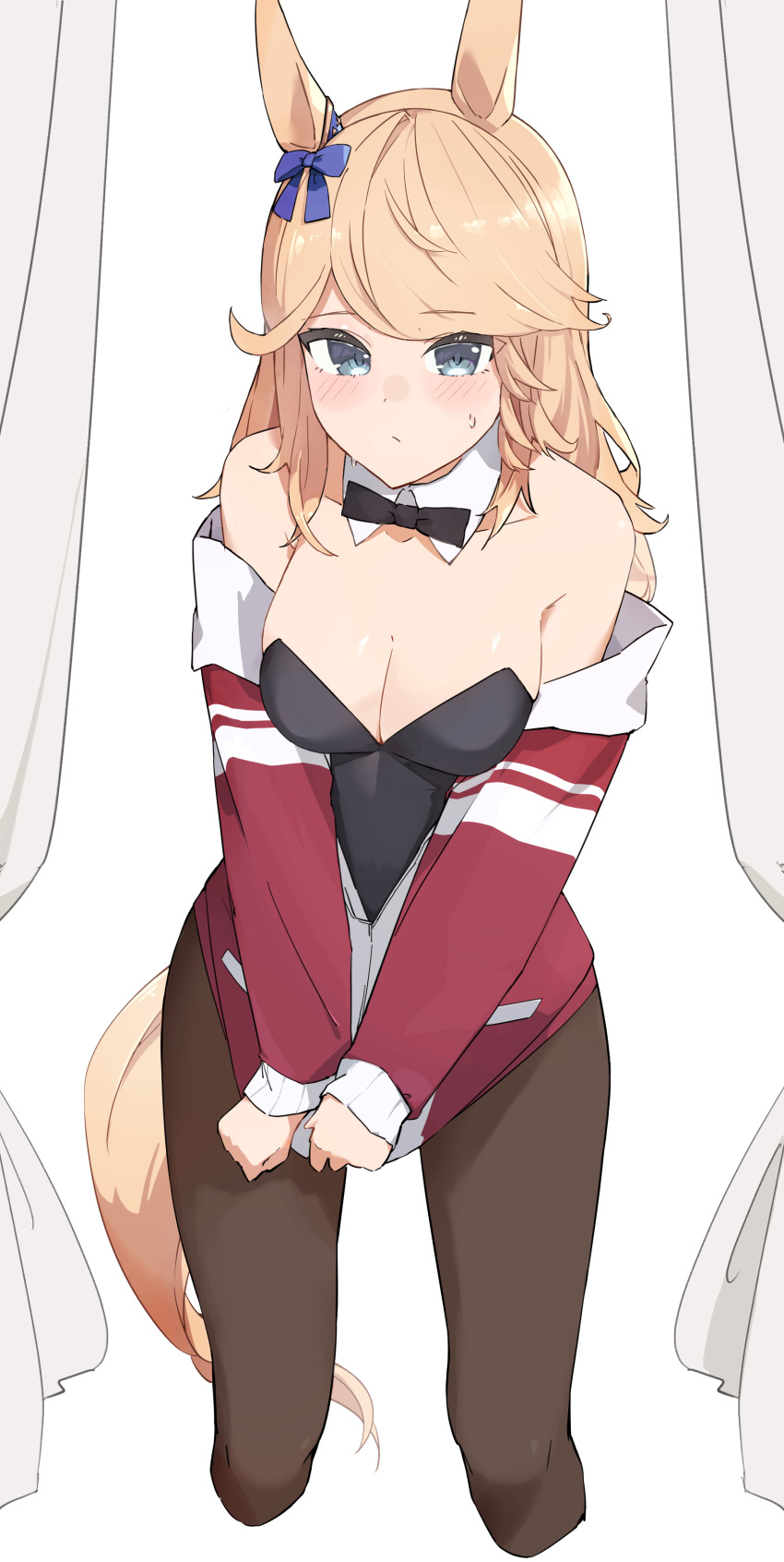 1girl absurdres animal_ears bare_shoulders black_leotard blonde_hair blush bow bowtie breasts brown_pantyhose cleavage closed_mouth cropped_legs detached_sleeves ear_bow gold_city_(umamusume) grey_eyes highres horse_ears horse_girl horse_tail jacket jacket_pull leotard long_hair long_sleeves medium_breasts mefuyaka official_art pantyhose partially_unzipped red_jacket sweat tail tracen_training_uniform track_jacket umamusume