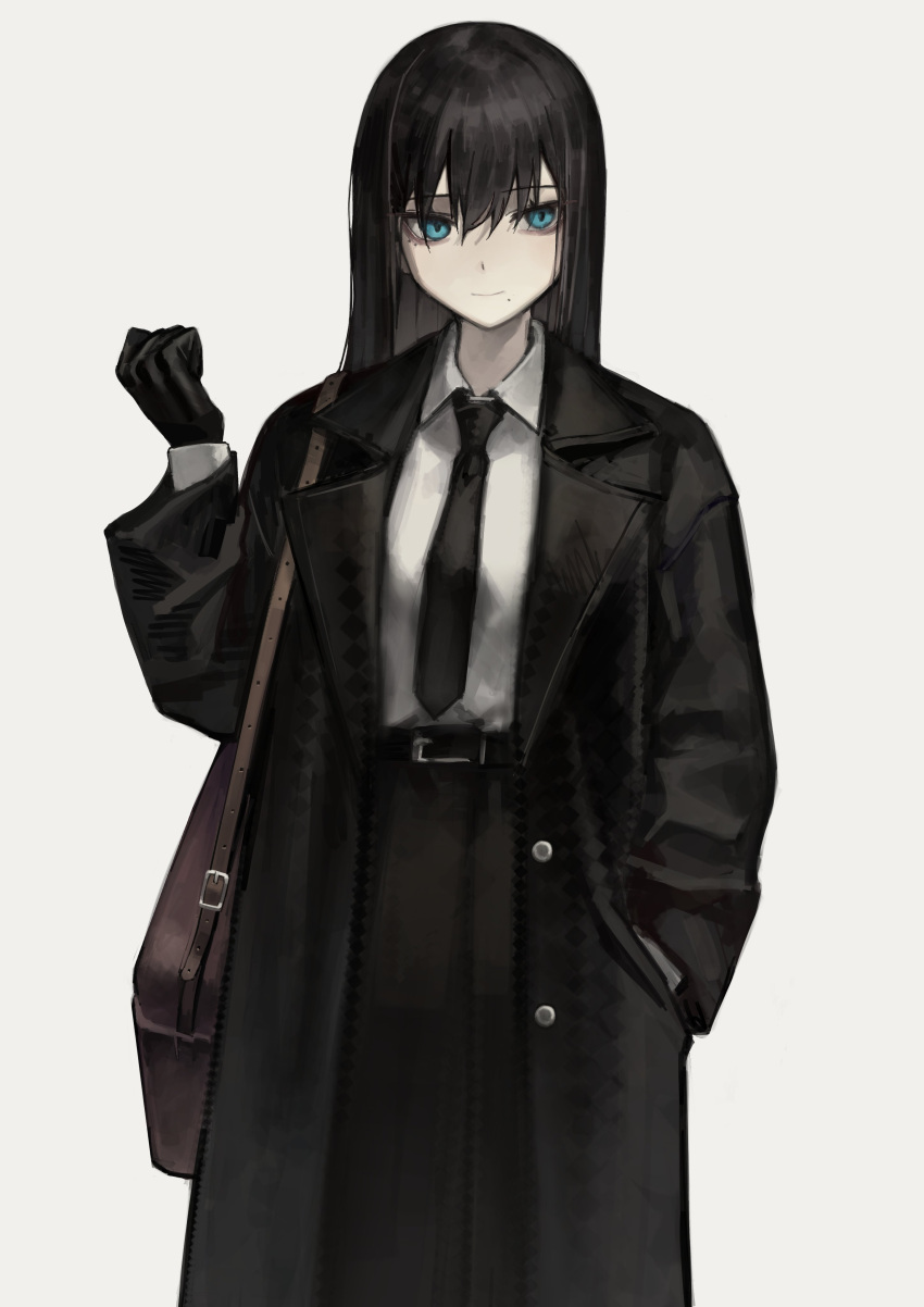 1girl absurdres bag bangs belt black_coat black_gloves black_hair black_necktie closed_mouth coat collared_shirt gloves green_eyes grey_background hand_in_pocket hand_up highres long_hair mole mole_under_mouth necktie open_clothes open_coat original shirt shirt_tucked_in shoulder_bag simple_background smile solo trench_coat upper_body white_shirt yoon_cook