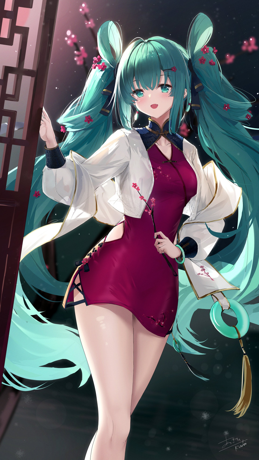 1girl absurdres aqua_eyes aqua_hair asahi_kuroi bare_legs branch cardigan china_dress chinese_clothes dress fang feet_out_of_frame flower hair_rings hatsune_miku highres holding holding_branch long_hair long_sleeves looking_at_viewer open_mouth plum_blossoms purple_dress signature solo tassel thighs twintails very_long_hair vocaloid white_cardigan