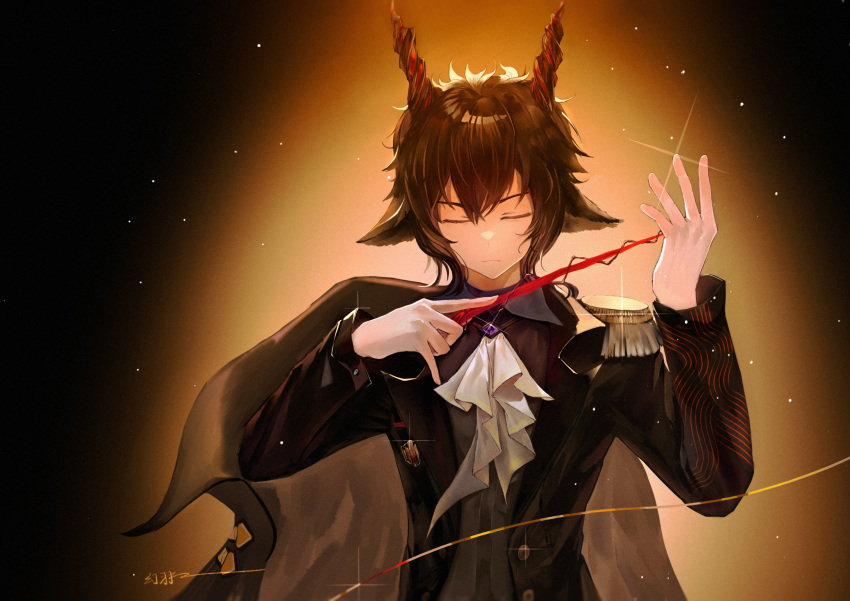 1boy absurdres animal_ears arknights ascot bangs brown_hair cape closed_eyes ebenholz_(arknights) epaulettes glint goat_boy goat_ears goat_horns hand_up highres holding holding_wand horns jacket long_sleeves maboroshi_hane male_focus off_shoulder short_hair single_epaulette solo sparkle wand